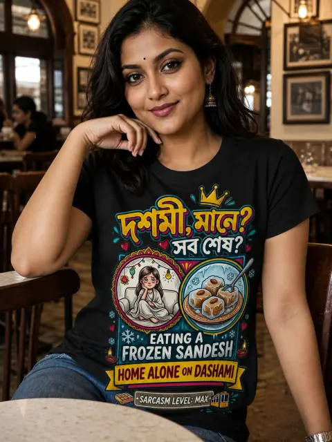 Dashami, Frozen Sandesh, Home Alone Vibe Shirt — Bengali woman editorial photograph