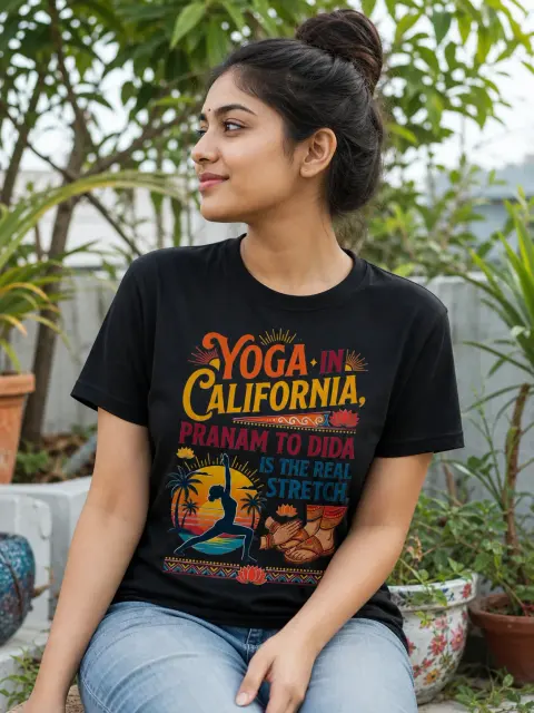 Yoga in California, Pranam to Dida Vibe Shirt — Bengali woman editorial photograph