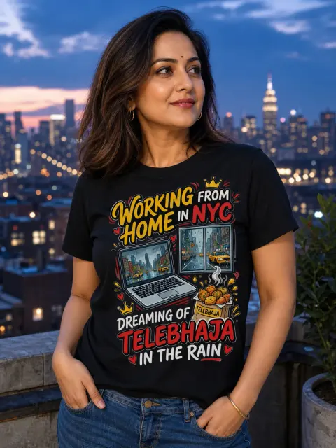 WFH in NYC, Dreaming of Telebhaja Vibe Shirt — Bengali woman editorial photograph
