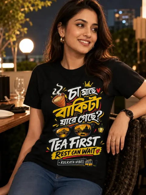 Chaa, Tea First; Rest Can Wait Vibe Shirt — Bengali woman editorial photograph