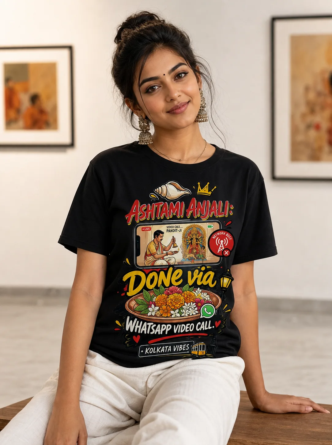 Ashtami Anjali via WhatsApp Video Call Vibe Shirt — Bengali woman editorial photograph