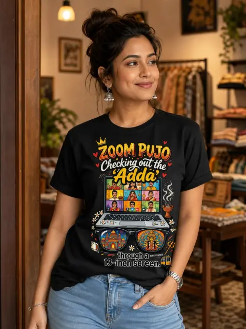 Zoom Pujo Adda Through a 13-Inch Screen Vibe Shirt — Bengali woman editorial photograph