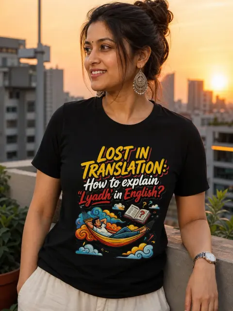 Lost in Translation, Explaining Lyadh Vibe Shirt — Bengali woman editorial photograph