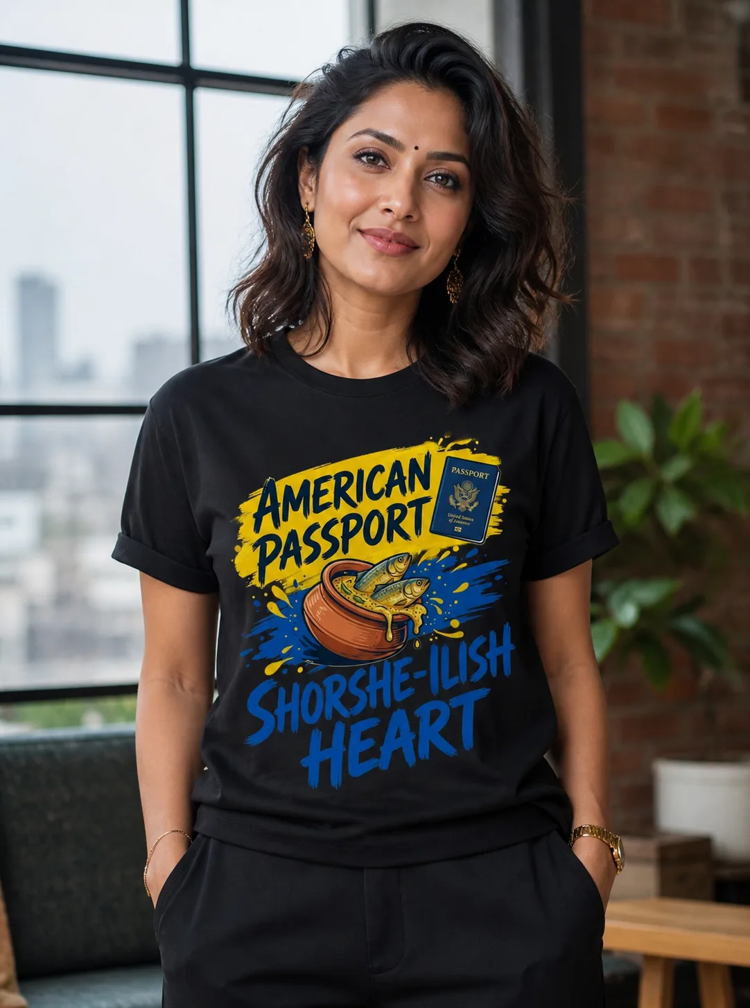 American Passport, Shorshe Ilish Heart Vibe Shirt — Bengali woman editorial photograph
