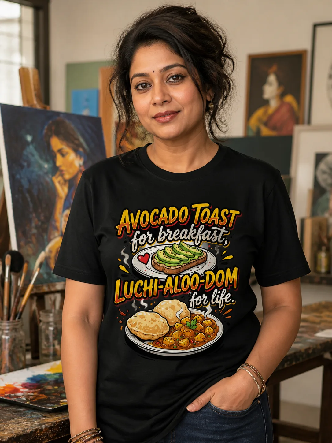 Avocado Toast, Luchi Aloo Dum for Life Vibe Shirt — Bengali woman editorial photograph