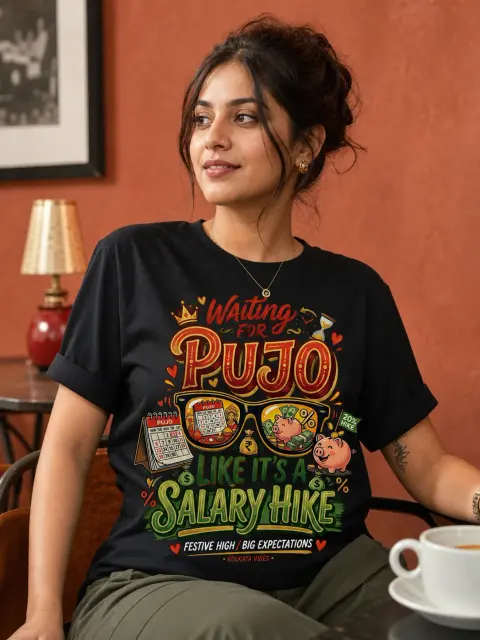 Waiting for Pujo Like a Salary Hike Vibe Shirt — Bengali woman editorial photograph