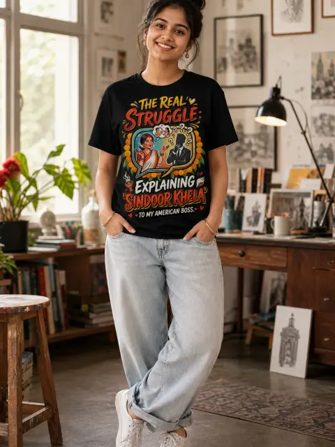 The Real Struggles: Indoor Khela Vibe Shirt — Bengali woman editorial photograph