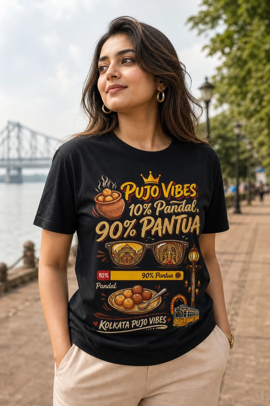 Pujo Vibes: 10% Pandal, 90% Pantua Vibe Shirt — Bengali woman editorial photograph