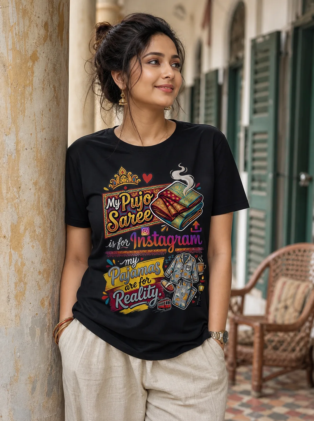 Pujo Saree on Instagram, Pajamas in Reality Vibe Shirt — Bengali woman editorial photograph