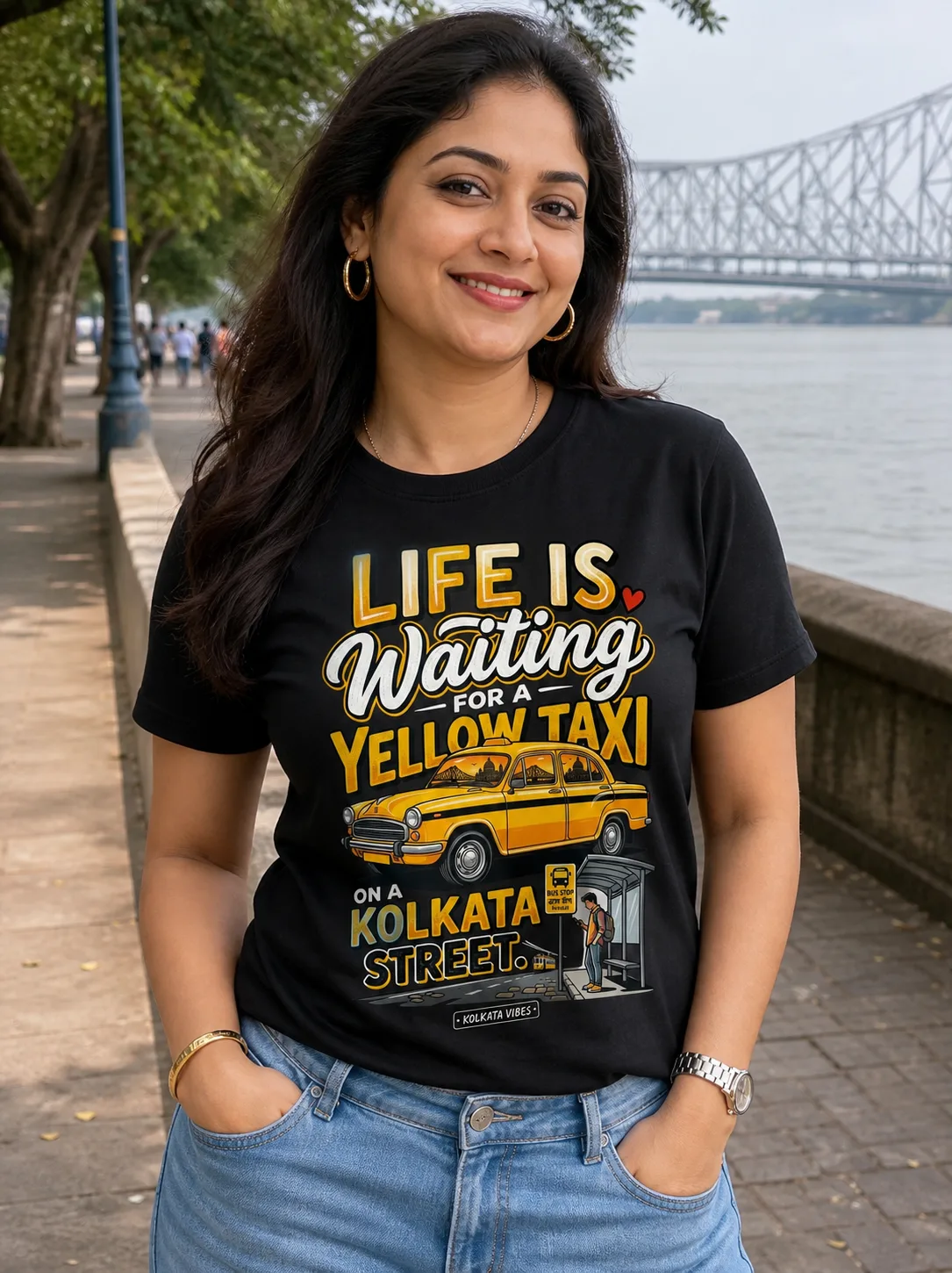 Life Is Waiting for a Yellow Taxi Vibe Shirt — Bengali woman editorial photograph