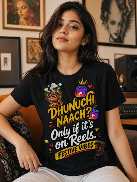 Dhunuchi Naach Only If It’s on Reels Vibe Shirt — Bengali woman editorial photograph