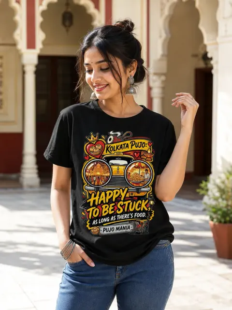 Kolkata Pujo: Happy to Be Stuck with Food Vibe Shirt — Bengali woman editorial photograph