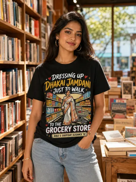 Dhakai Jamdani at the Grocery Store Vibe Shirt — Bengali woman editorial photograph