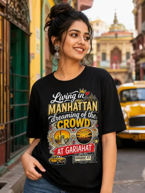 Manhattan Dreaming of Gariahat Crowd Vibe Shirt — Bengali woman editorial photograph
