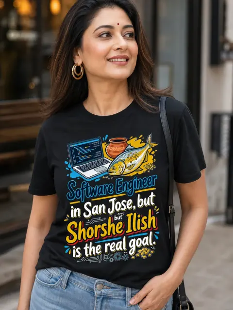 San Jose Engineer, Shorshe Ilish Is the Real Goal Vibe Shirt — Bengali woman editorial photograph