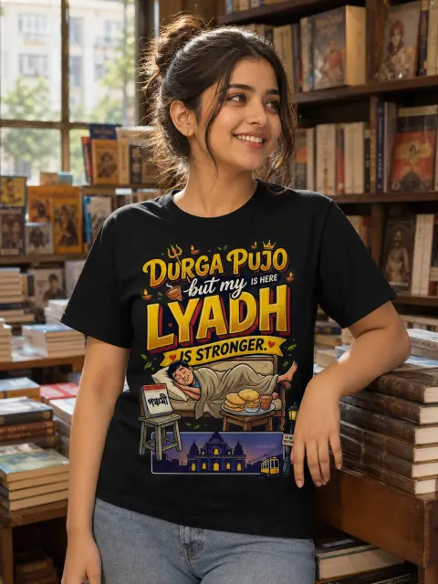 Durga Pujo Here, but Lyadh Is Stronger Vibe Shirt — Bengali woman editorial photograph