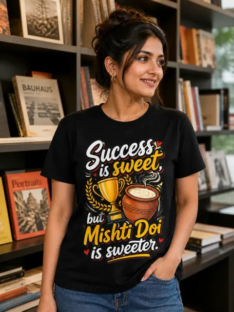 Success Is Sweet, Mishti Doi Is Sweeter Vibe Shirt — Bengali woman editorial photograph