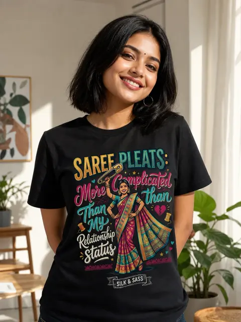 Saree Pleats vs. Relationship Status Vibe Shirt — Bengali woman editorial photograph