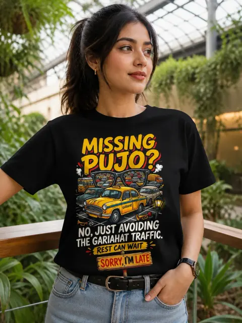 Missing Pujo, Avoiding Gariahat Traffic Vibe Shirt — Bengali woman editorial photograph