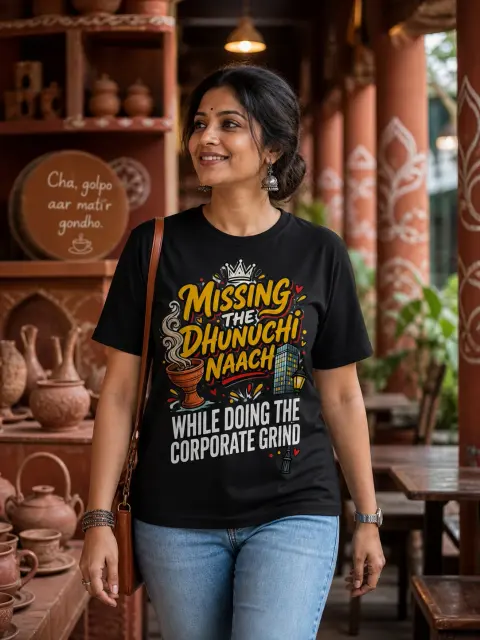 Missing Dhunuchi Naach, Corporate Grind Vibe Shirt — Bengali woman editorial photograph