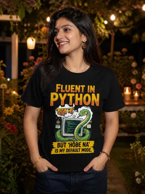 Fluent in Python, Hobena Default Mode Vibe Shirt — Bengali woman editorial photograph