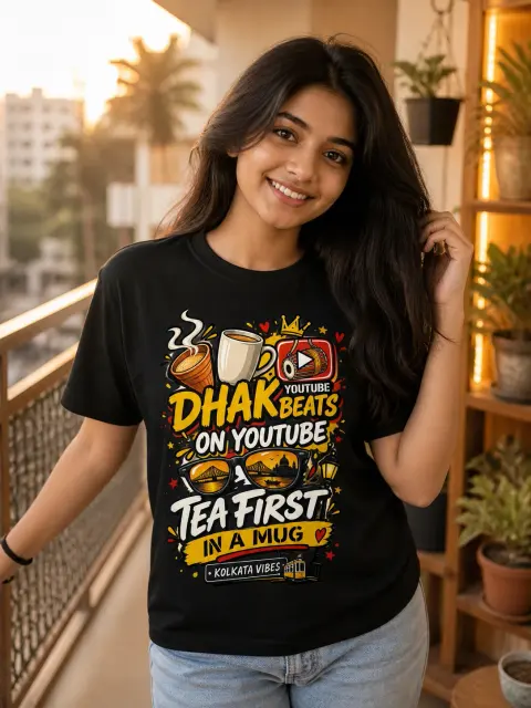 Dhak Beats on YouTube, Tea First Vibe Shirt — Bengali woman editorial photograph