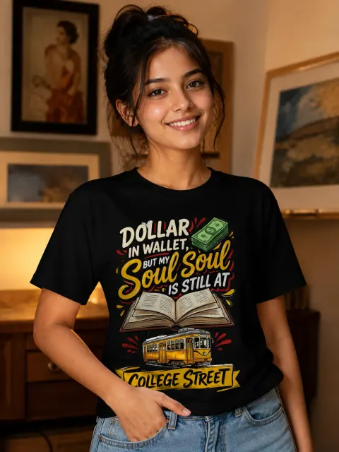 Dollar in Wallet, Soul at College Street Vibe Shirt — Bengali woman editorial photograph