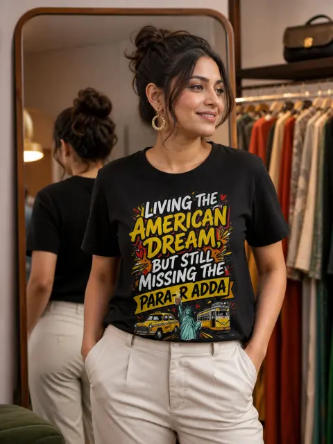 American Dream, Missing Parar Adda Vibe Shirt — Bengali woman editorial photograph