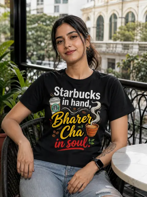 Starbucks in Hand, Bharer Chai in Soul Vibe Shirt