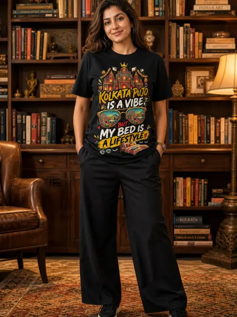 Kolkata Pujo Vibe: My Bed Is a Lifestyle Vibe Shirt — Bengali woman editorial photograph