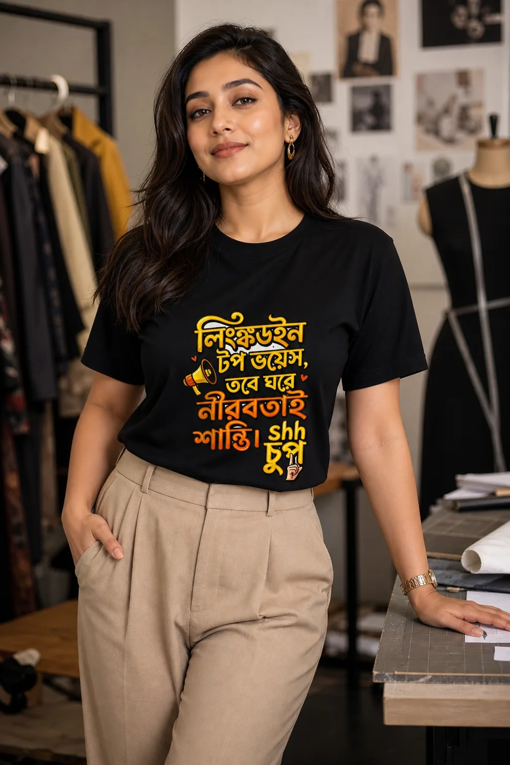 LinkedIn Top Voice, Silence at Home Vibe Shirt — Bengali woman editorial photograph
