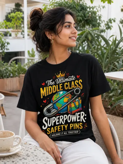 Middle-Class Superpower: Safety Pins Vibe Shirt — Bengali woman editorial photograph