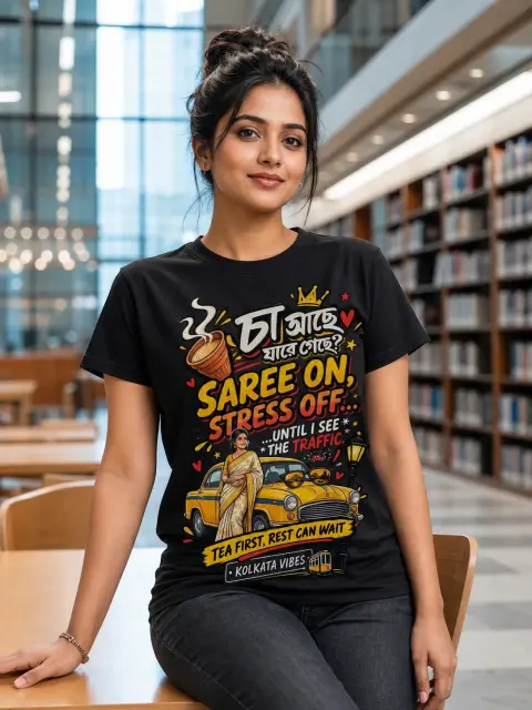 Saree On, Stress Off Until the Traffic Vibe Shirt — Bengali woman editorial photograph
