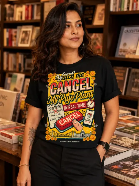 Watch Me Cancel My Pujo Plans Vibe Shirt — Bengali woman editorial photograph