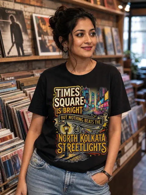 Times Square vs. North Kolkata Street Lights Vibe Shirt — Bengali woman editorial photograph