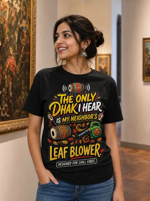 Only Dhak I Hear: Neighbours’ Leaf Blower Vibe Shirt — Bengali woman editorial photograph