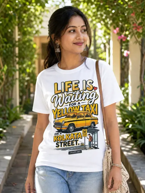 Life Is Waiting for a Yellow Taxi Vibe Shirt — white T-shirt editorial photograph