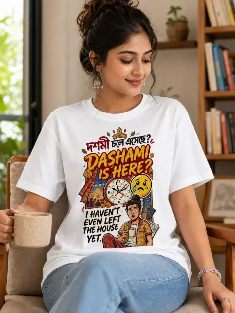 Dashami Is Here, Haven’t Left the House Vibe Shirt — white T-shirt editorial photograph