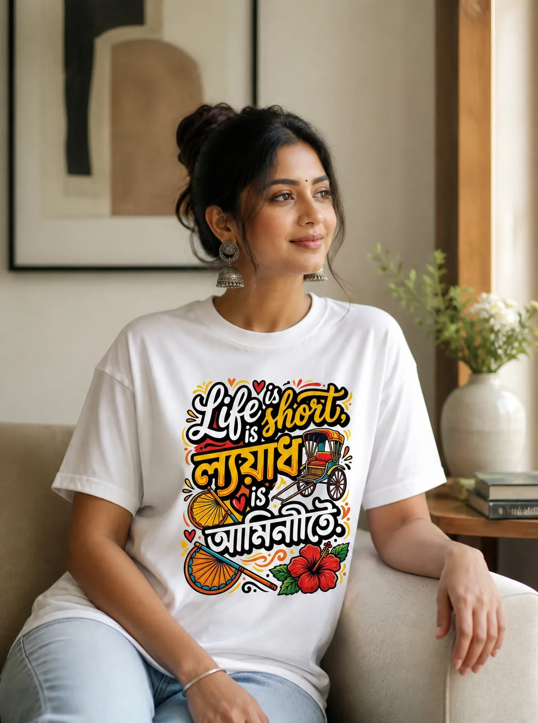 Life Is Short, Lyadh Is a Minute Vibe Shirt — white T-shirt editorial photograph