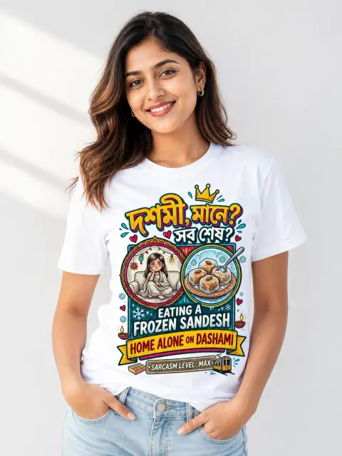 Dashami, Frozen Sandesh, Home Alone Vibe Shirt — white T-shirt editorial photograph