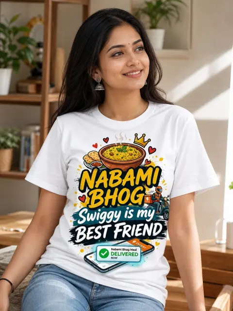 Nabami Bhog: Swiggy Is My Best Friend Vibe Shirt — white T-shirt editorial photograph