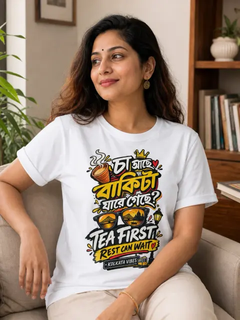 Chaa, Tea First; Rest Can Wait Vibe Shirt — white T-shirt editorial photograph