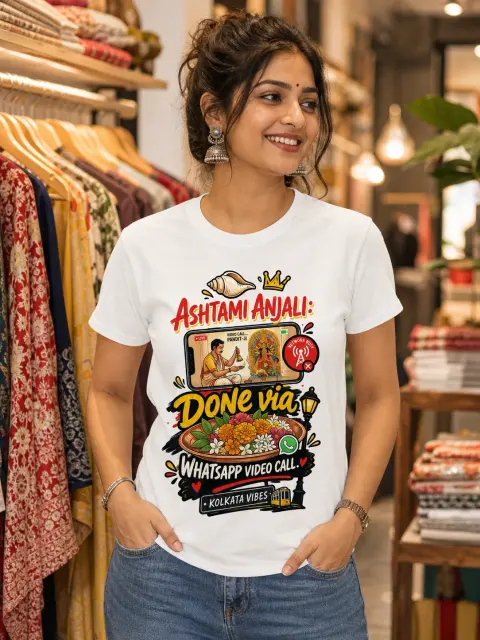 Ashtami Anjali via WhatsApp Video Call Vibe Shirt — white T-shirt editorial photograph