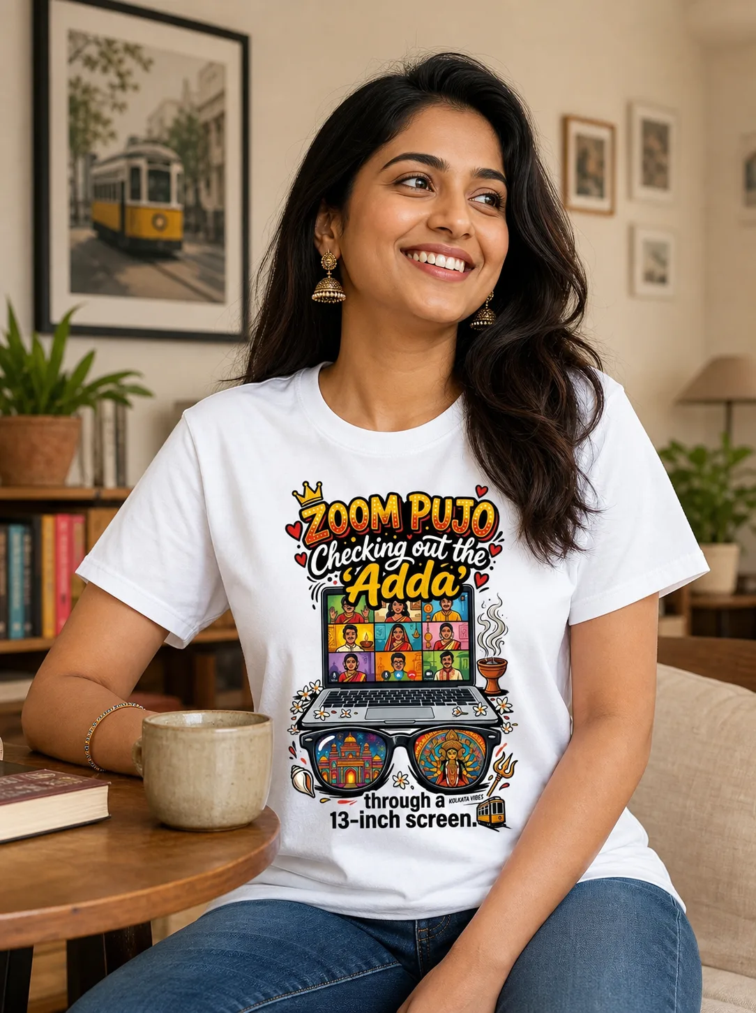 Zoom Pujo Adda Through a 13-Inch Screen Vibe Shirt — white T-shirt editorial photograph