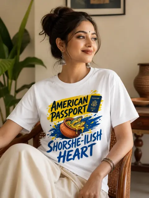 American Passport, Shorshe Ilish Heart Vibe Shirt — white T-shirt editorial photograph