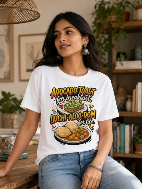 Avocado Toast, Luchi Aloo Dum for Life Vibe Shirt — white T-shirt editorial photograph