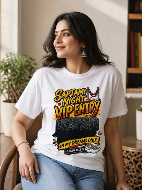 Saptami Night: VIP Entry in My Dreams Vibe Shirt — white T-shirt editorial photograph