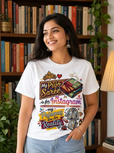 Pujo Saree on Instagram, Pajamas in Reality Vibe Shirt — white T-shirt editorial photograph