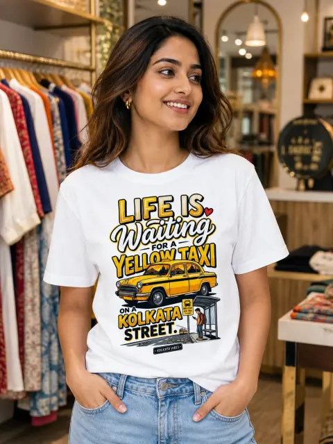Life Is Waiting for a Yellow Taxi Vibe Shirt — white T-shirt editorial photograph