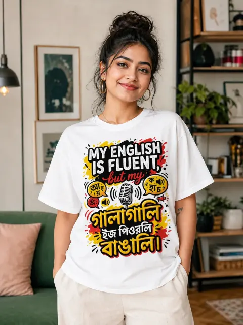 English Fluent, Gala Gali Purely Bangali Vibe Shirt — white T-shirt editorial photograph